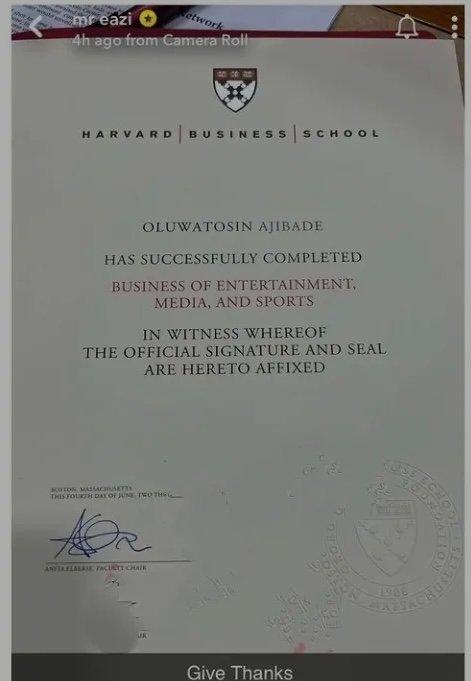 Mr Eazi Harvard Business School certificate
