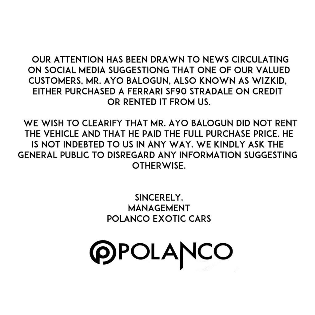 Wizkid did not rent the 2022 Ferrari SF90; either purchased on credit, He purchased and paid in full - Polanco Exotic cars Reveals 2 polanco